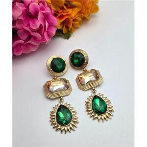 Emerald Green Amber Crystal Drop Earrings Gold Tone Geometric 2.5 In Statement